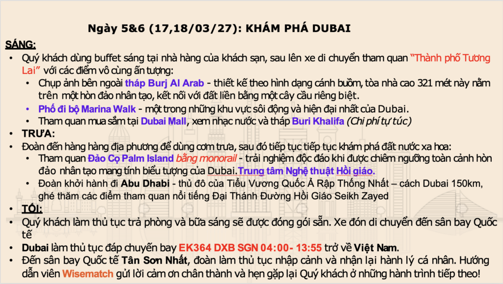 Lịch trình tour Gulfood Dubai 2027 ngày 5–6: khám phá Dubai, Abu Dhabi và bay về Việt Nam