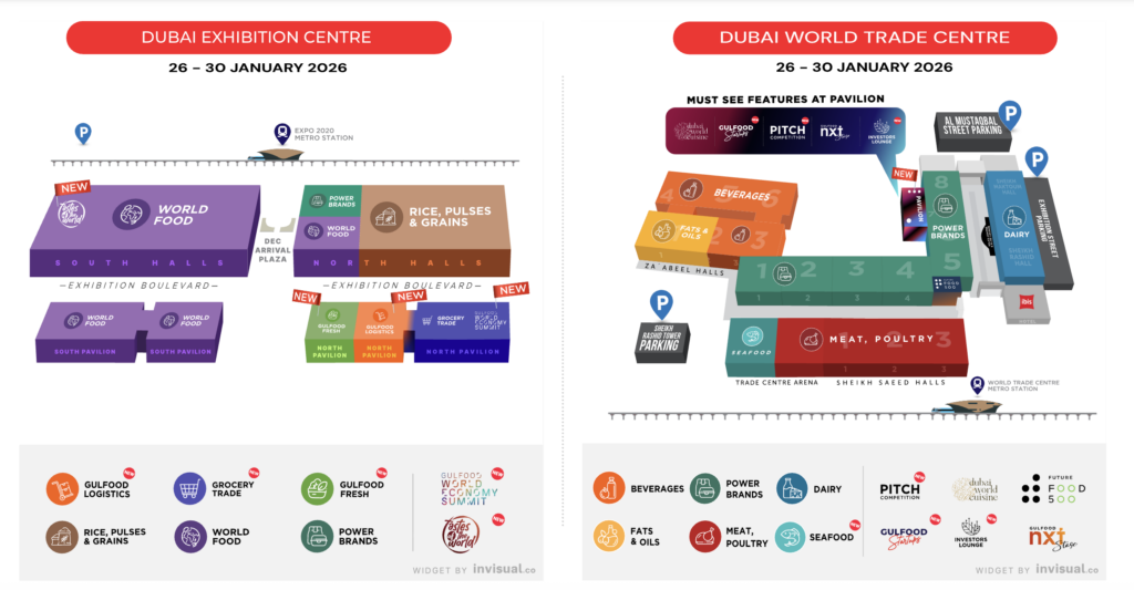 Sơ đồ khu trưng bày Gulfood 2026 tại Dubai Exhibition Centre và Dubai World Trade Centre