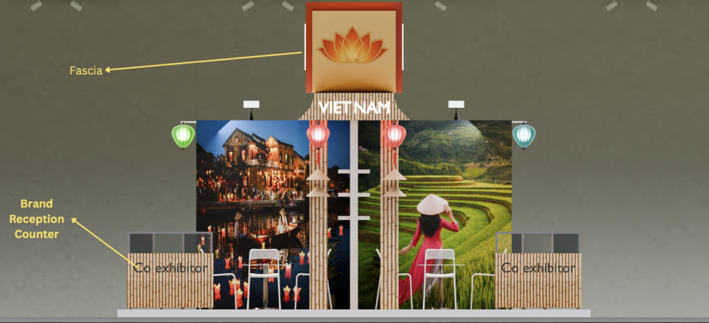 Mặt tiền gian hàng Việt Nam tại hội chợ Fruit Attraction 2026 IFEMA Madrid do Wisematch thiết kế — biển hiệu VIETNAM và hình ảnh nông sản đặc trưng