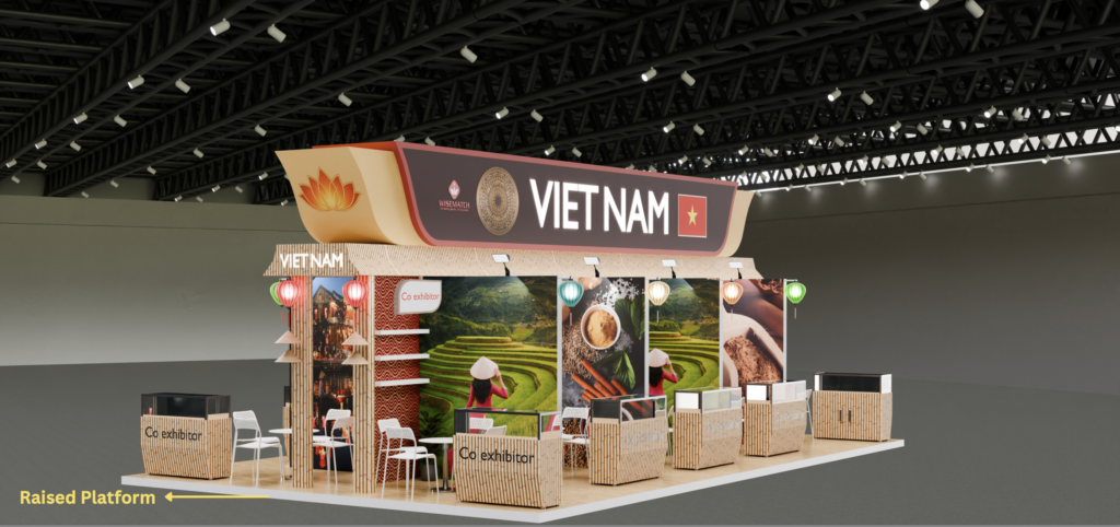 Mặt tiền gian hàng Việt Nam tại hội chợ Fruit Attraction 2026 IFEMA Madrid do Wisematch thiết kế — biển hiệu VIETNAM và hình ảnh nông sản đặc trưng