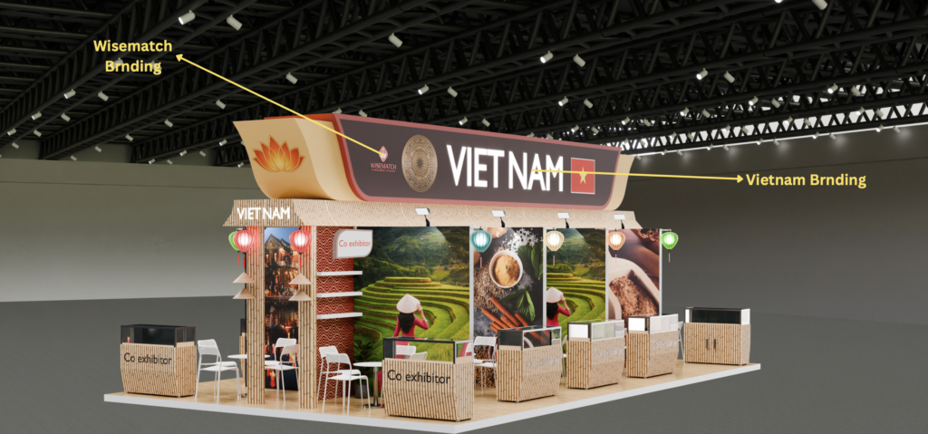 Toàn cảnh gian hàng Việt Nam 128m² tại Fruit Attraction 2026 IFEMA Madrid — raised platform, canopy Wisematch branding và khu co-exhibitor trưng bày nông sản