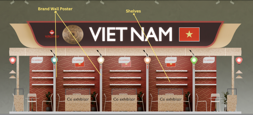 Fascia biển hiệu VIETNAM và Brand Reception Counter gian hàng doanh nghiệp Việt Nam tại hội chợ quốc tế Fruit Attraction 2026 Madrid