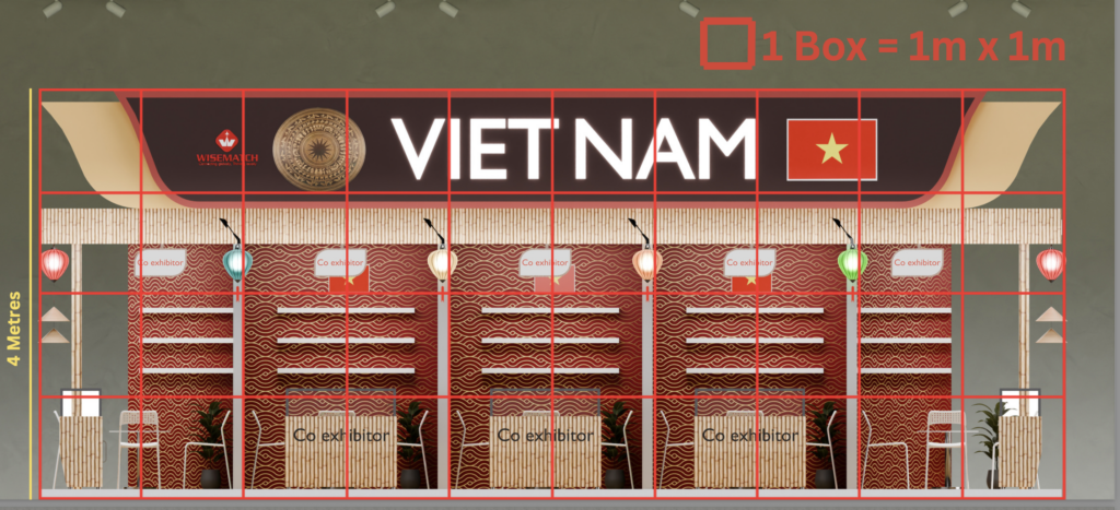 Brand Wall Poster đỏ và kệ Shelves trưng bày nông sản Việt Nam theo từng ô co-exhibitor tại gian hàng Fruit Attraction 2026 IFEMA Madrid
