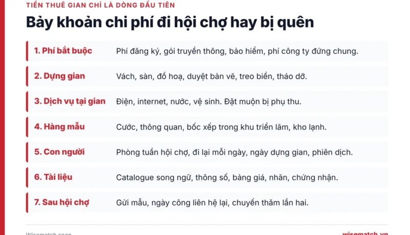 Danh sách bảy khoản chi phí đi hội chợ quốc tế hay bị quên, từ phí bắt buộc của ban tổ chức tới ba mươi ngày sau hội chợ