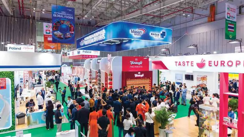 Crowded exhibition hall at Vietfood Ho Chi Minh City 2026 with Taste Europe and international booths