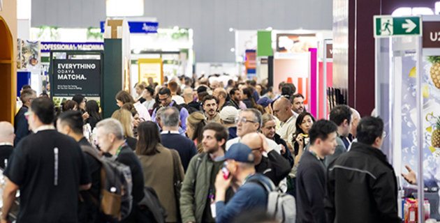 Lối đi và các gian hàng tại khu trưng bày Fine Food Australia 2026, Trung tâm Hội nghị và Triển lãm Melbourne (MCEC)