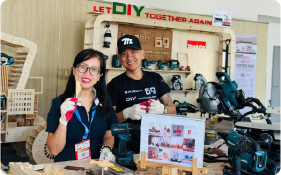 Exhibitor booth displaying hand tools at the Vietnam Hardware & Hand Tools Expo