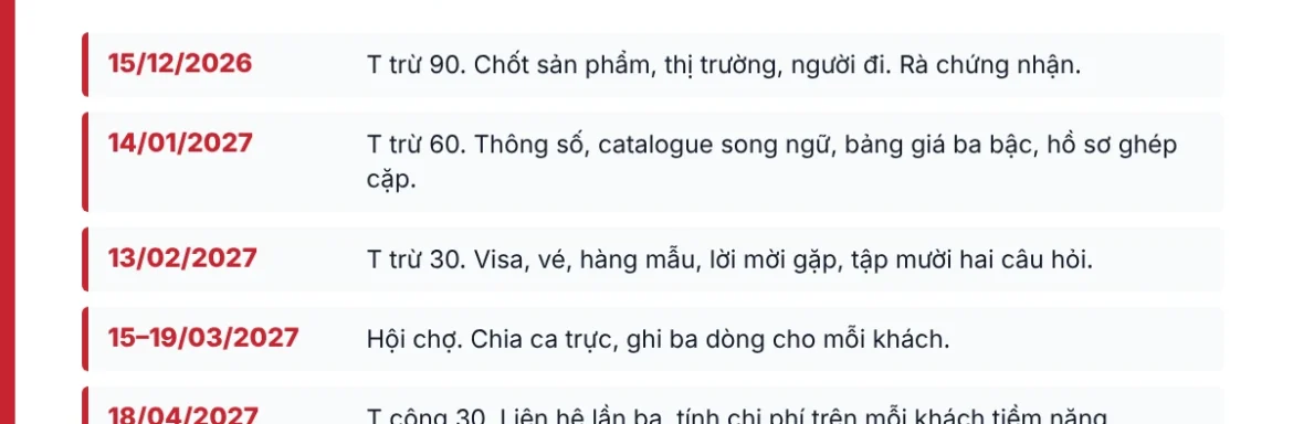 Lịch 90 ngày chuẩn bị đi hội chợ dựng ngược từ Gulfood 2027: năm mốc từ 15/12/2026 đến 18/04/2027