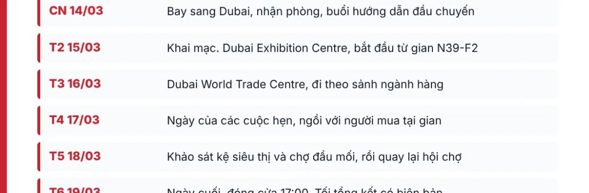 Lịch dự kiến bảy ngày của tour Gulfood 2027 từ 14 đến 20/03/2027, gồm năm ngày hội chợ, buổi khảo sát kệ siêu thị và buổi tổng kết
