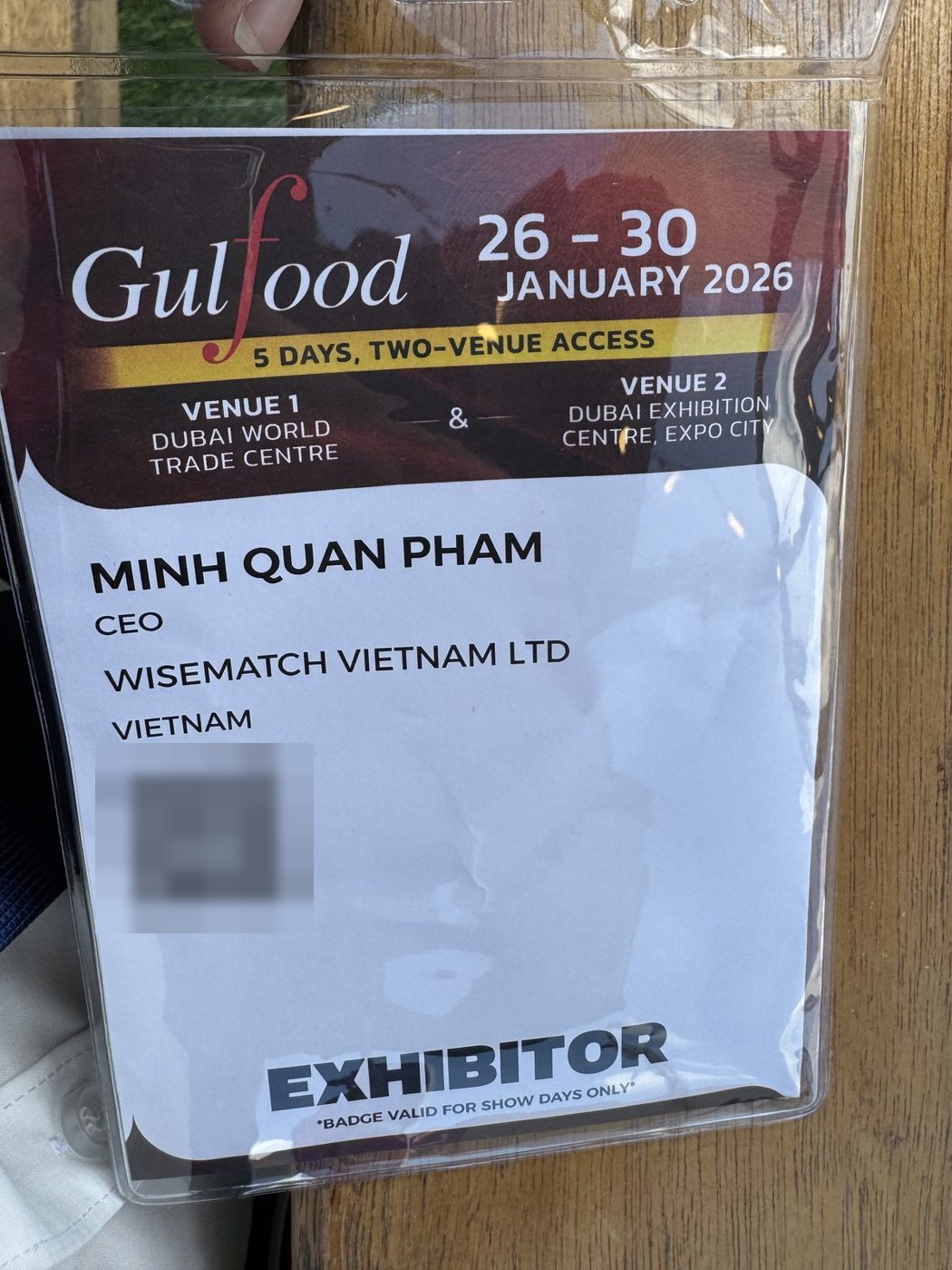 Gulfood 2026 exhibitor badge (26–30 January 2026) issued to Minh Quan Pham, CEO of Wisematch Vietnam Ltd