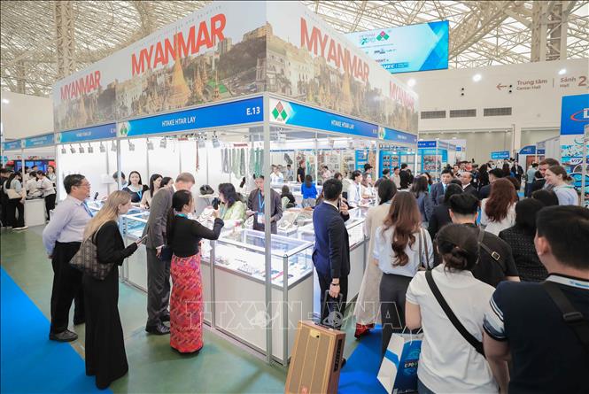 Exhibition hall during Vietnam Expo 2026 at the Vietnam Exhibition Center in Dong Anh, Hanoi